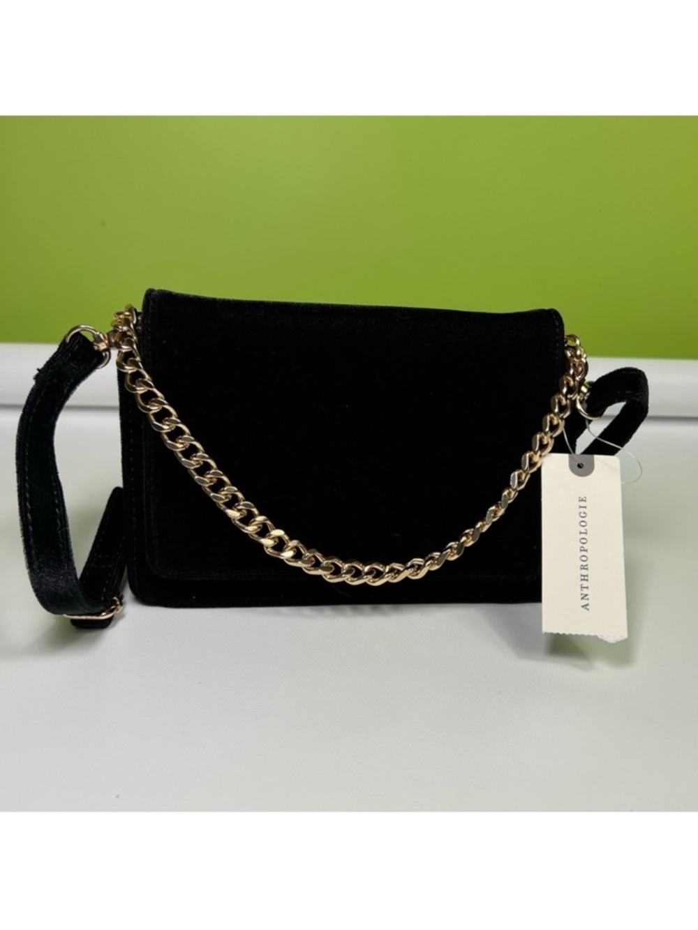 Anthropologie black velvet mini purse gold tone chain NWT - Picture 2 of 10